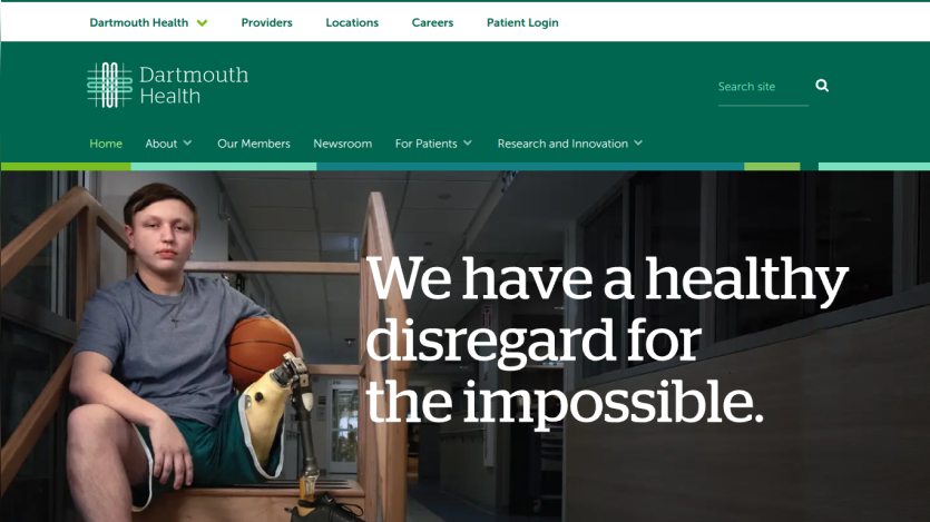 Dartmouth Health website header with navigation and hero section featuring a young man and the text 'We have a healthy disregard for the impossible.'