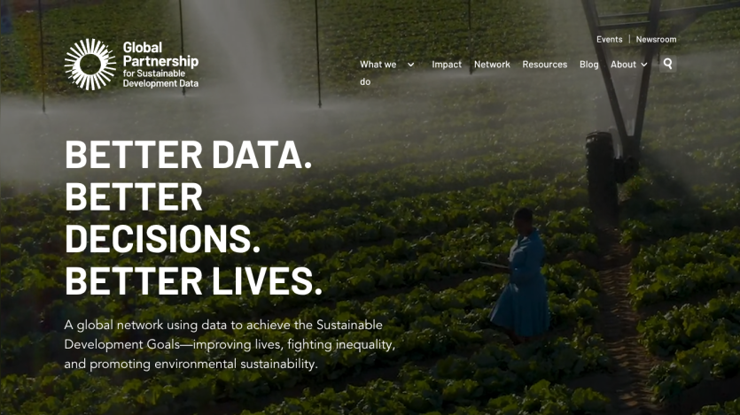 Global Partnership for Sustainable Development Data homepage with tagline about better data, decisions, and lives over a farm background.