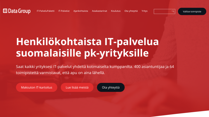 IT services for Finnish SMEs, featuring a headline and call-to-action buttons.