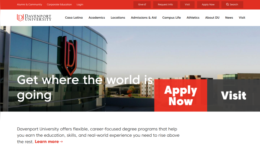 Davenport University homepage featuring a call to action to apply and visit.