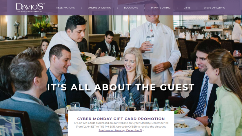 Northern Italian steakhouse Davio's with outdoor seating and Cyber Monday gift card promotion.