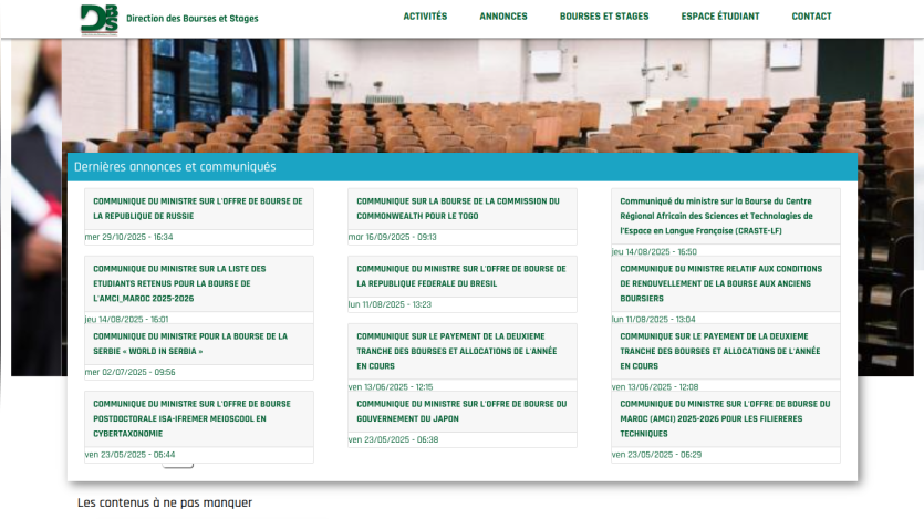 Website header and navigation for Direction des Bourses et Stages with latest announcements and communiqués about scholarships and internships.