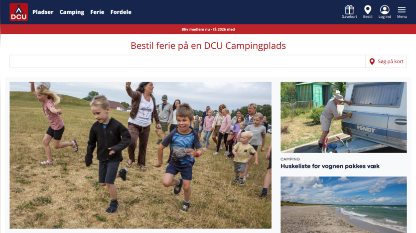 DCU Camping website with navigation, search bar, and images of children running and camping activities
