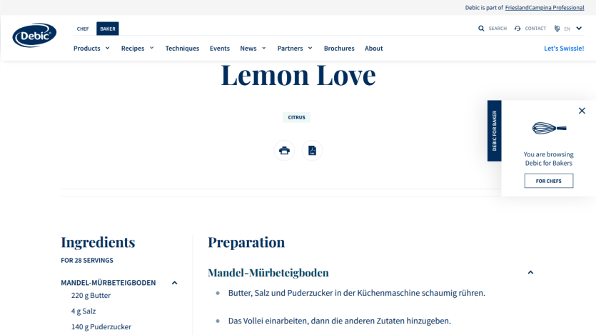 Debic website showing Lemon Love recipe with ingredients and preparation instructions for Mandel-Mürbeteigboden.
