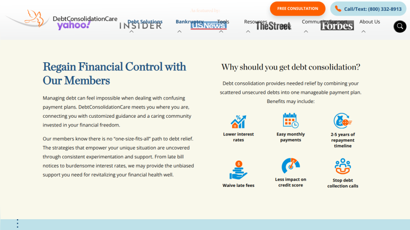 Financial consultation service offering benefits like lower interest rates and flexible payments.