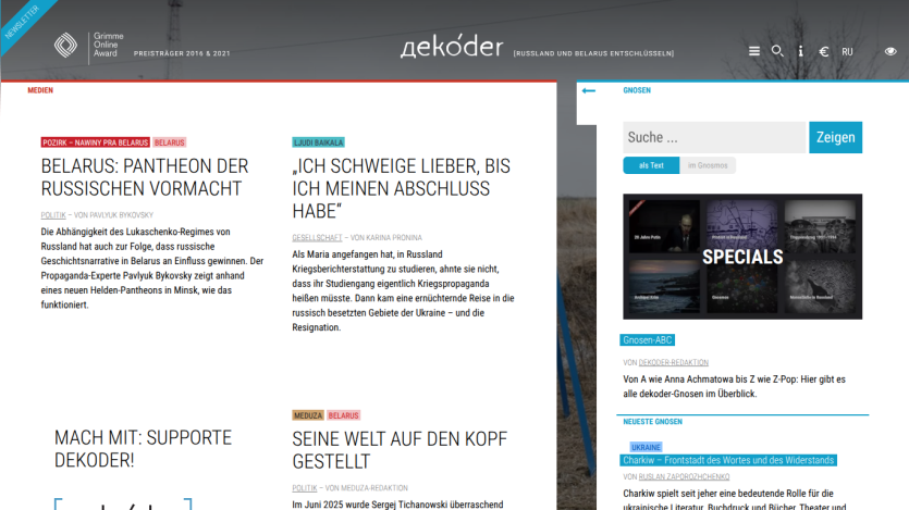 News site dekoder with articles on Belarus, Russia, and Ukraine, plus specials and search bar