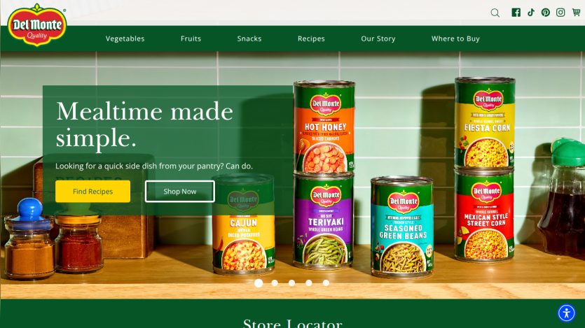 Homepage featuring canned food products with a call to action for recipes.
