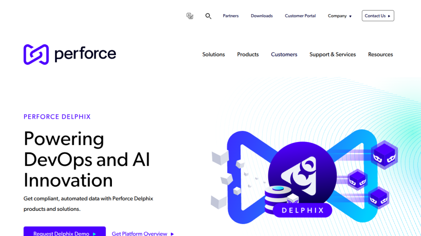 Perforce Delphix homepage highlighting DevOps and AI innovation with demo request and platform overview links