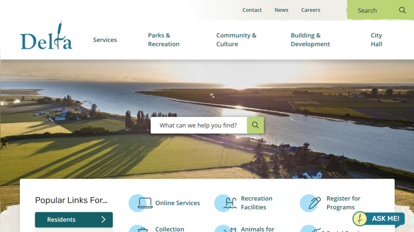 Municipal website homepage with navigation links, search bar, and popular links for residents including online services and recreation facilities
