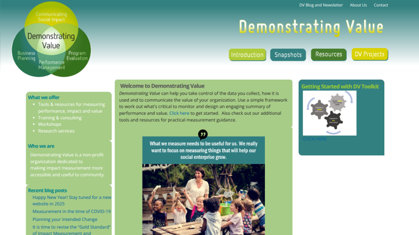 Homepage of 'Demonstrating Value' with introductory text and navigation links.