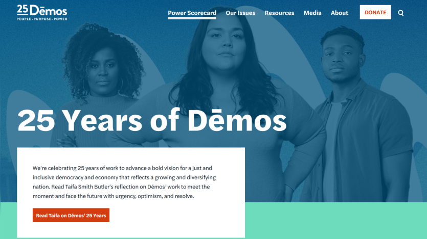 Celebrating 25 years of Dēmos with a focus on democracy and economy, featuring key visuals and a call to action.