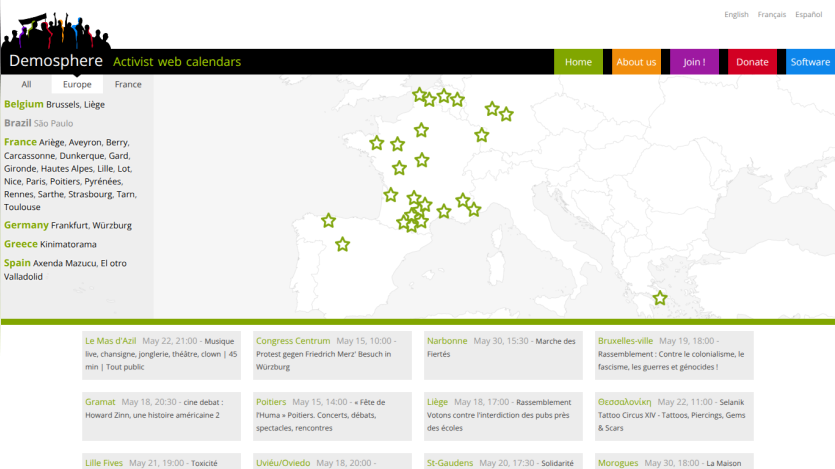 Demosphere website displaying active web calendars with a map and event listings.