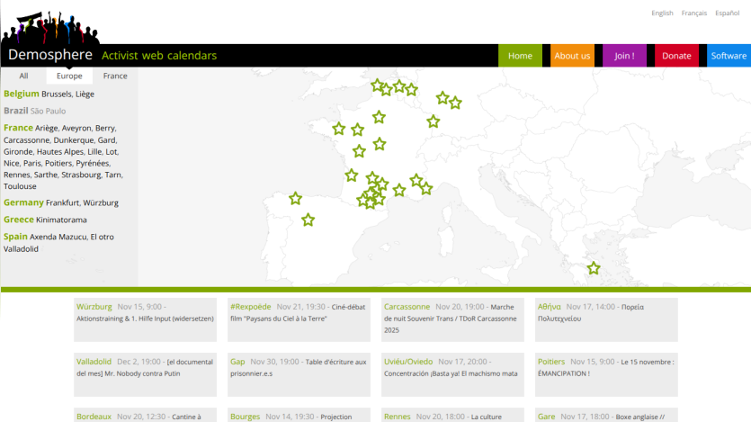 Demosphere activist web calendars showing Europe map with event locations and upcoming event details for various cities
