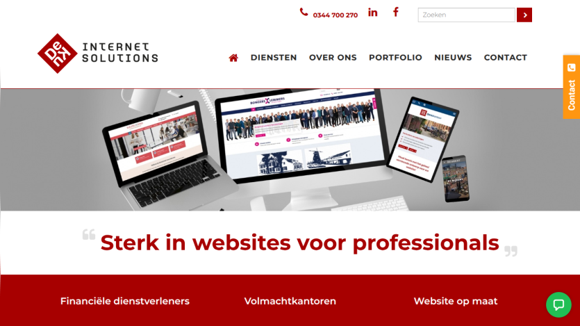 De Kuij Internet Solutions homepage showing services for professionals with images of websites on multiple devices and navigation menu