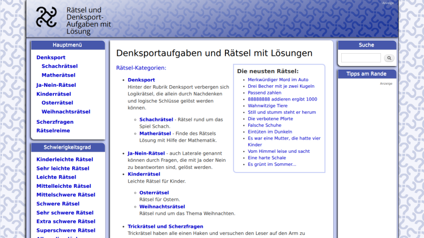 Website for puzzles and solutions with navigation links and search bar.