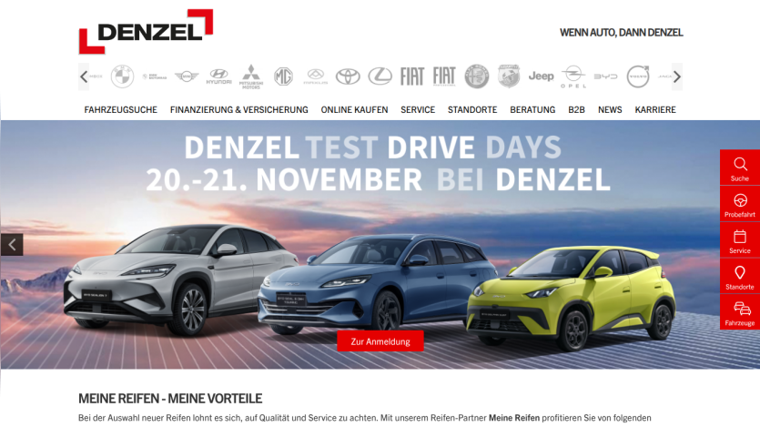 Denzel car dealership homepage promoting Test Drive Days event on November 20-21 with three cars displayed and navigation menu