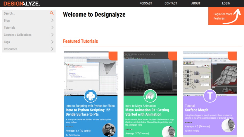 Homepage of Designalyze featuring tutorials on design software and tools.