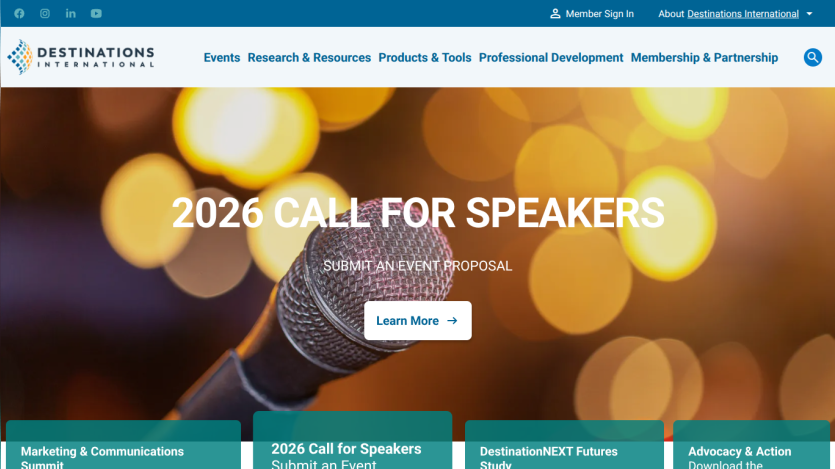 Destinations International website with 2026 call for speakers and event proposal submission button
