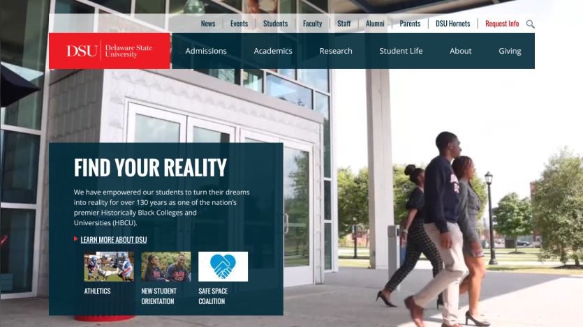 Homepage of a university featuring a call to action and images of students.