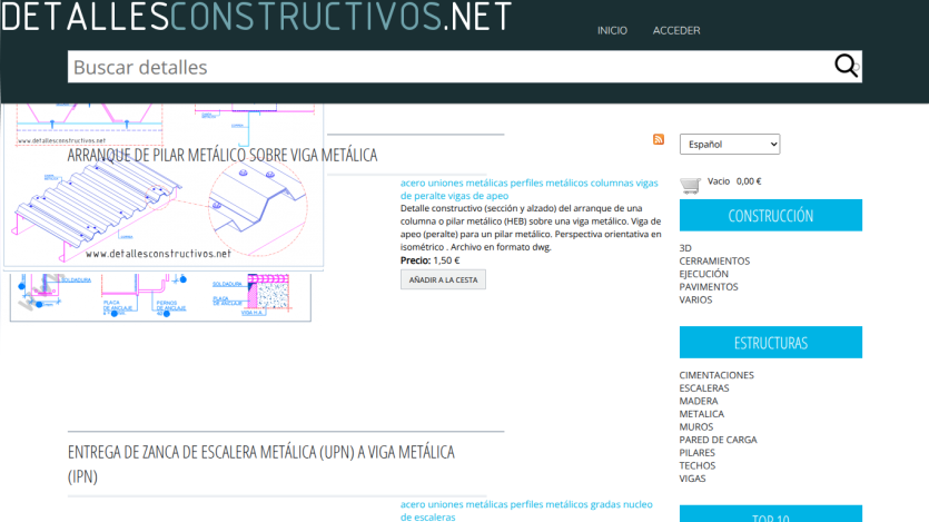 Website showing construction details with search bar and categories for navigation.