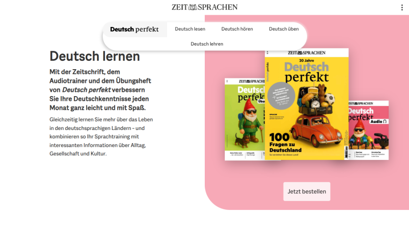 ZEIT SPRACHEN Deutsch lernen section promoting Deutsch perfekt magazine with audio trainer and exercise booklet, featuring magazine covers and order button.