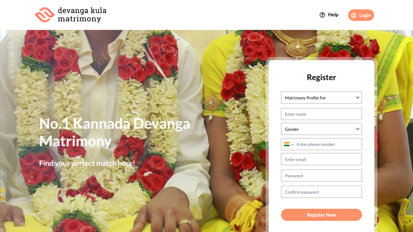 Kannada Devanga Matrimony homepage with registration form and couple wearing traditional garlands