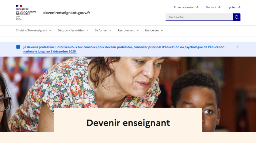 French Ministry of National Education site about becoming a teacher with navigation and a hero image of a woman and child