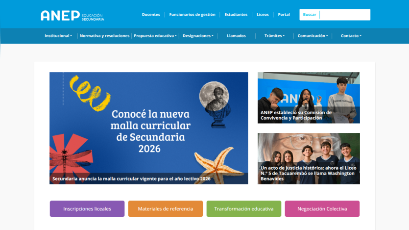 ANEP Educación Secundaria homepage with navigation menu and featured news on new secondary curriculum for 2026