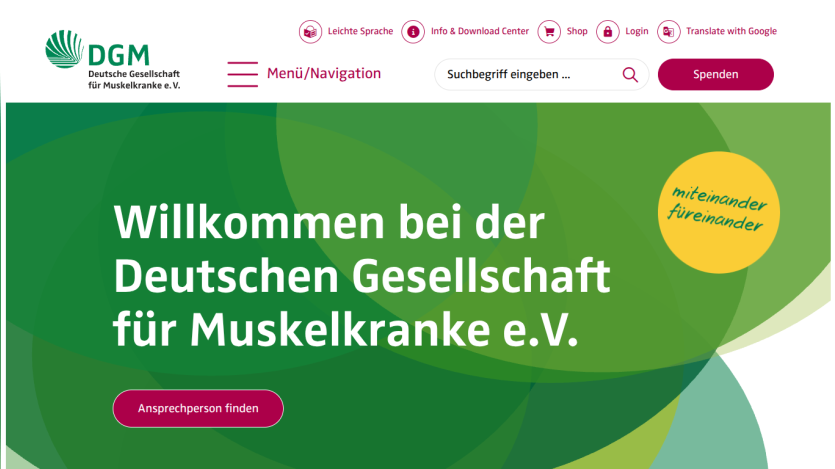 Welcome message for the German Society for Muscular Diseases with navigation, search, and donation button