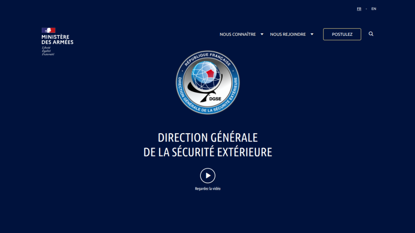 French Ministry of Armed Forces homepage featuring DGSE logo and video prompt