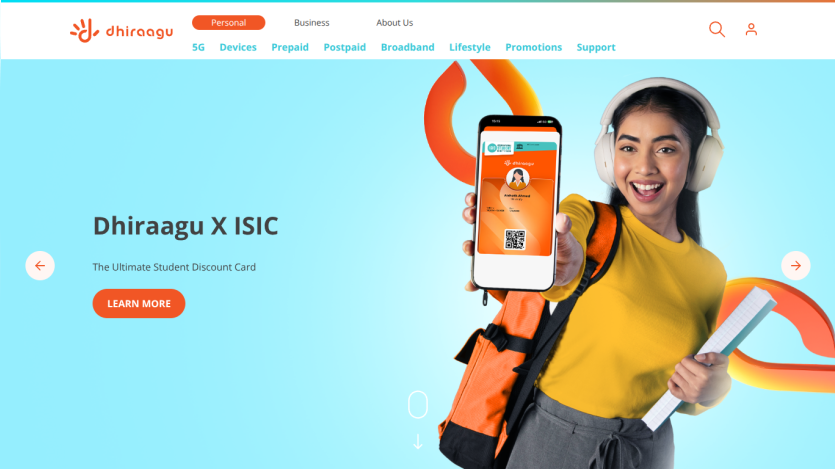 Dhiraagu X ISIC co-branded student discount card promotion with call to action button and smiling woman holding phone