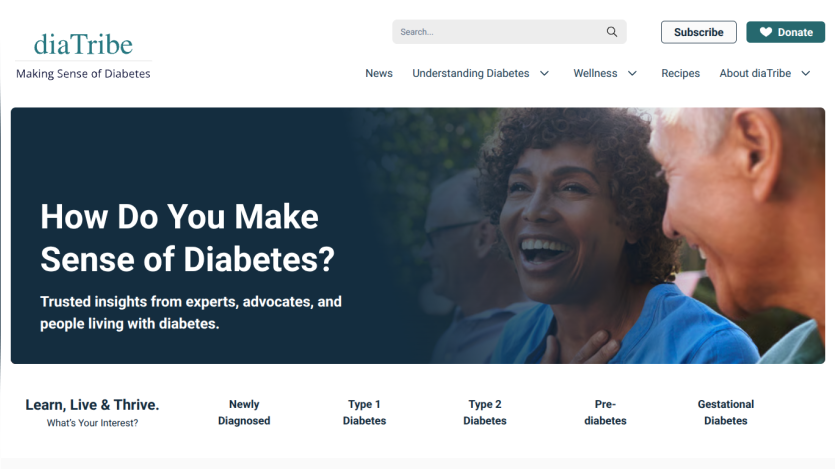Homepage of diaTribe featuring a headline about understanding diabetes and a smiling woman.