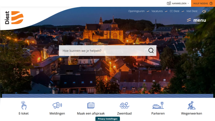 City of Diest website with night cityscape background, search bar, and navigation icons for services