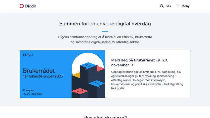 Digdir homepage promoting digital solutions and an event on November 19-20 with details on digital wallet, AI, data sharing, and eID