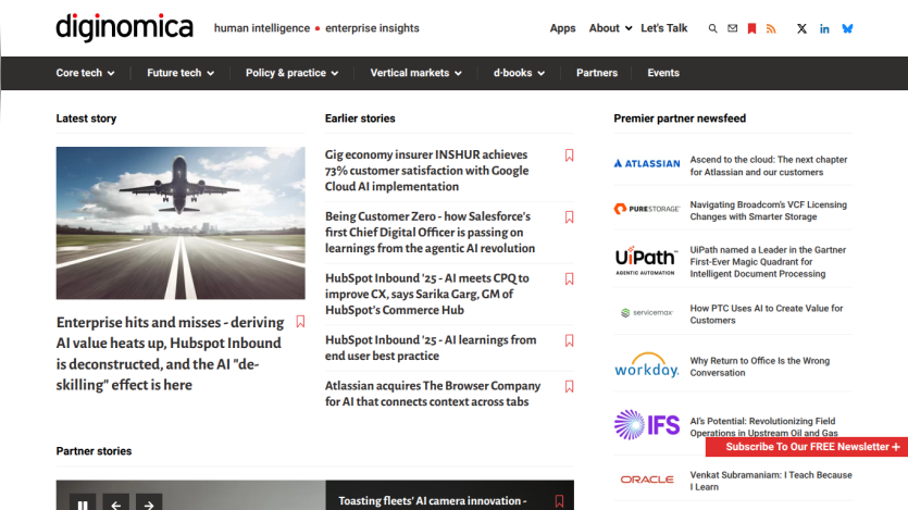 Diginomica homepage featuring latest stories and enterprise insights with an airplane image.