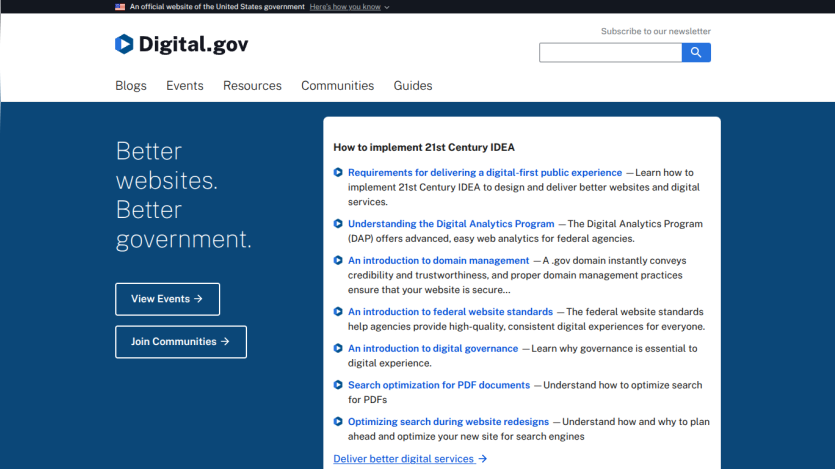 Digital.gov homepage featuring resources for improving government websites.