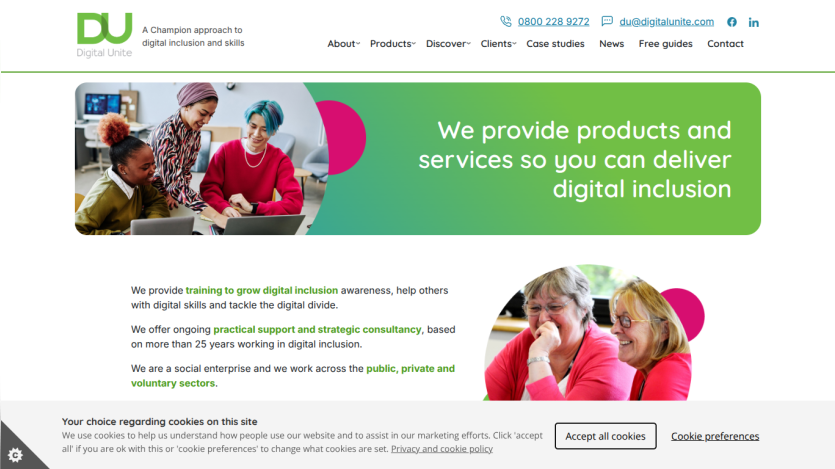 Digital Unite website offering products and services for digital inclusion with contact info and navigation menu