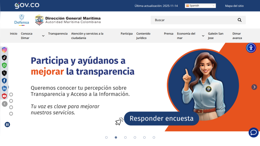Colombian Maritime Authority website inviting users to participate in streamlining procedures with a blog link