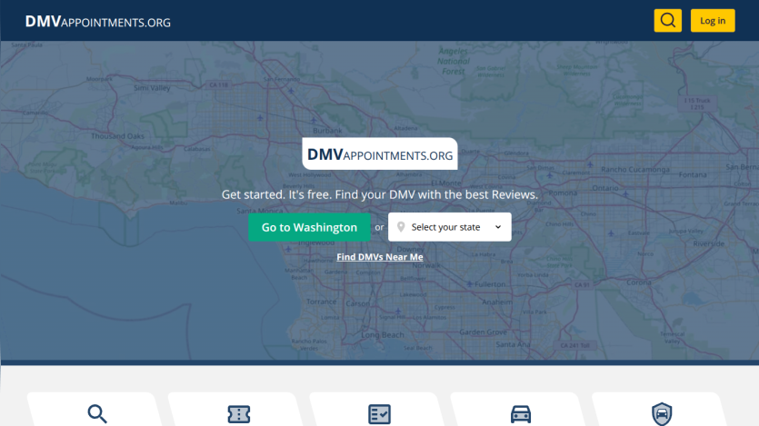 DMVAppointments.org homepage with a map background, search bar to select state, and buttons to find DMV appointments and reviews
