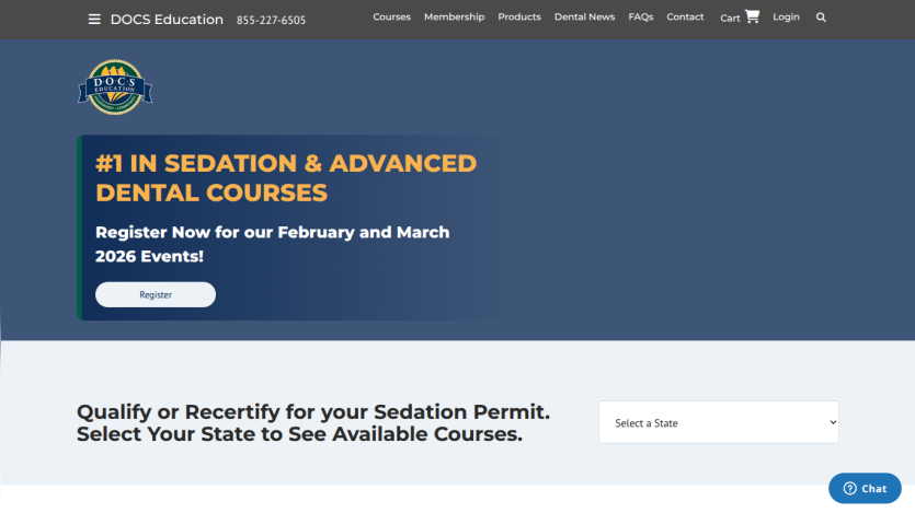 Docs Education homepage promoting sedation and advanced dental courses with registration for 2026 events and state selection for sedation permit courses.