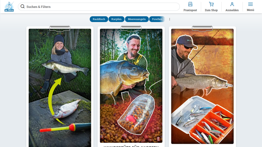 Fishing website with search bar, navigation tabs, and images of people holding large fish and fishing gear