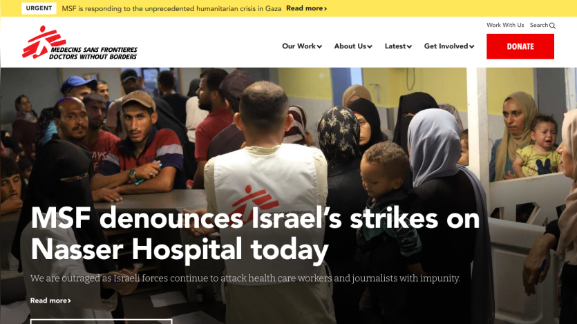 MSF denounces strikes on Nasser Hospital; urgent humanitarian message displayed prominently.