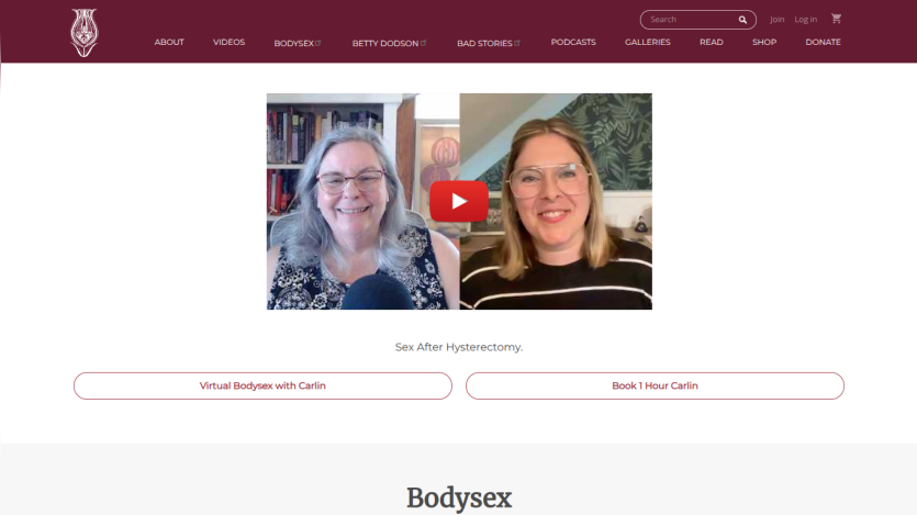 Two women in a video call discussing Bodysex, with navigation links below.