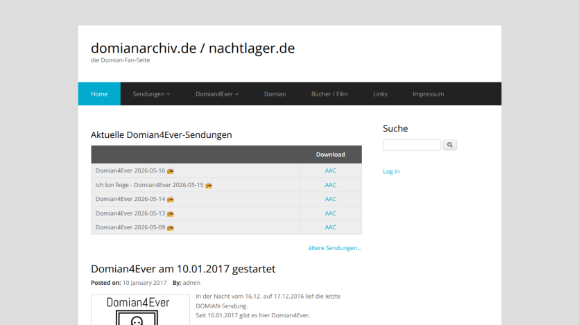 Current domain archive broadcasts with download links and search bar.