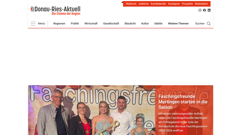 News website Donau-Ries-Aktuell with headline about Faschingsfreunde Mertingen starting the 2025/2026 season