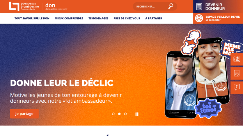Homepage encouraging bone marrow donation with a call to action to register and navigation links