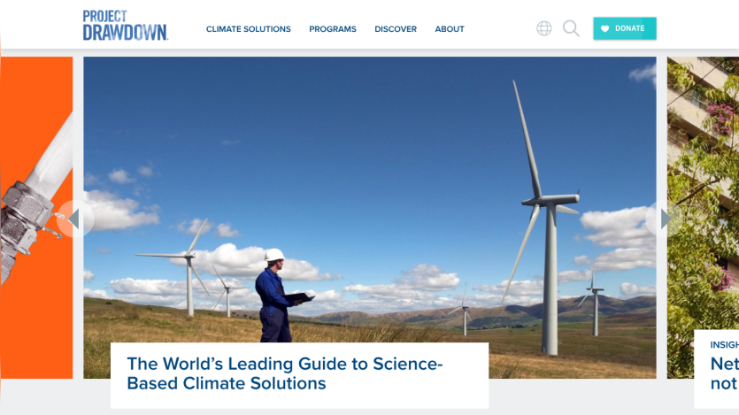 Homepage of Project Drawdown featuring wind turbines and a guide to climate solutions.