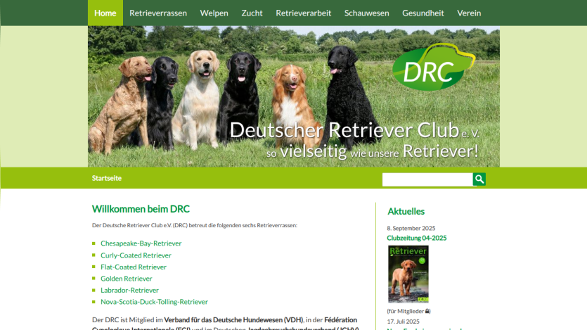 Deutscher Retriever Club homepage with navigation, hero image of six retrievers, and welcome text listing retriever breeds