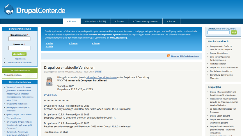 DrupalCenter homepage displaying current versions and updates for Drupal.