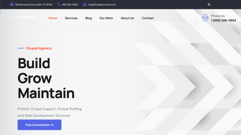 Drupal agency homepage featuring services to build, grow, and maintain websites.